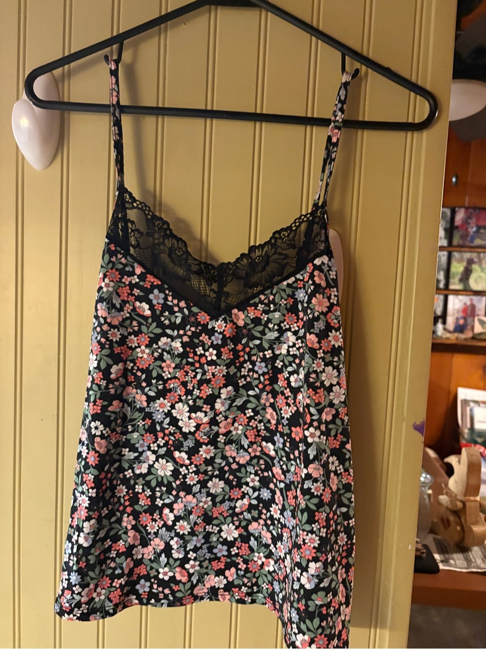 Floral Lace-Trim Cami Tank Top and shorts- Black with Pink & White Flowers